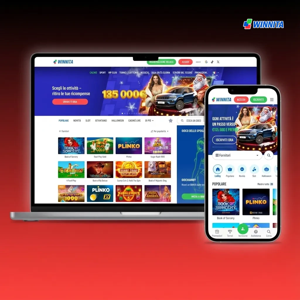 Schermata dell'interfaccia utente di Winnita con menu di navigazione e sezioni per sport, casinò, giochi live e promozioni