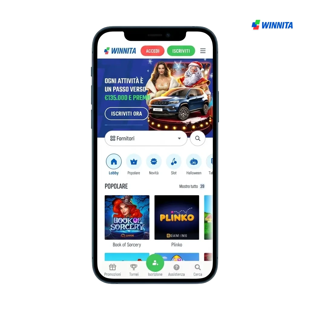 Winnita mobile app download screen showing Android APK and iOS options with casino and sports betting features